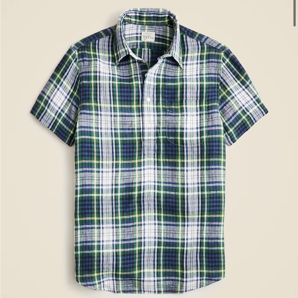 J. Crew Short-sleeve Baird McNutt Irish linen popover shirt green plaid
